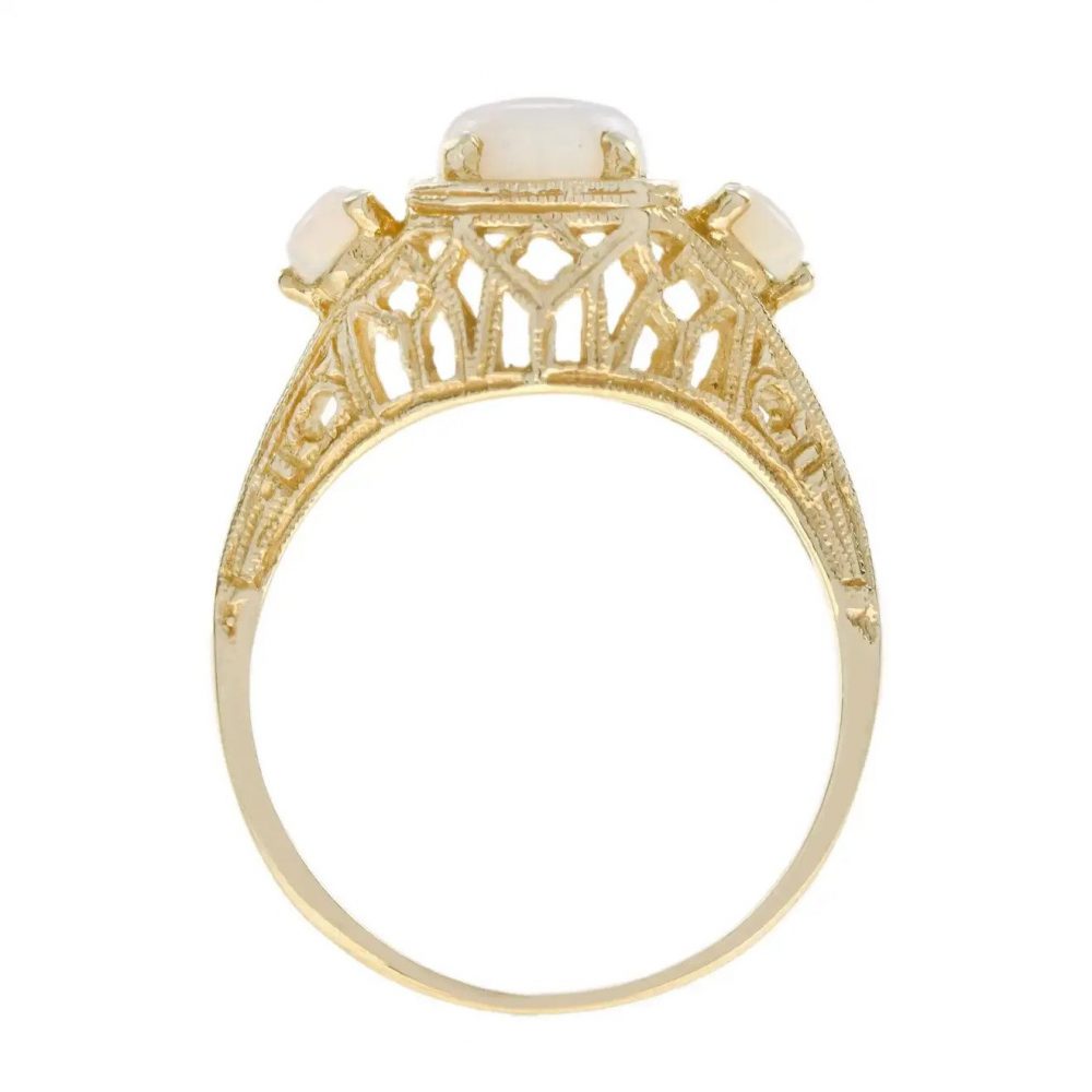 Opal Three Stone Filigree Ring in Yellow Gold