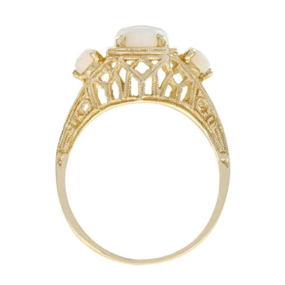Opal Three Stone Filigree Ring in Yellow Gold