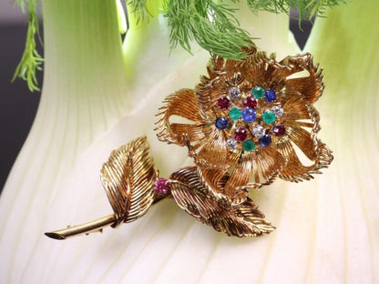 Vintage Cartier Diamond Ruby Sapphire Emerald Flower Brooch, 1950's