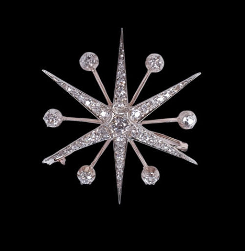 Antique Victorian 4.10ct Diamond Star Brooch; six radial star with satellite diamonds set in silver and gold, 4.10 carat total, with detachable fittings