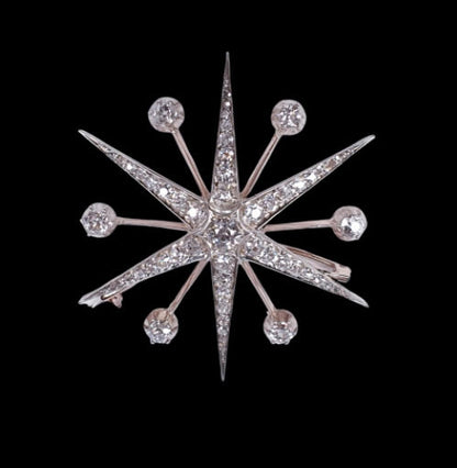Antique Victorian 4.10ct Diamond Star Brooch; six radial star with satellite diamonds set in silver and gold, 4.10 carat total, with detachable fittings