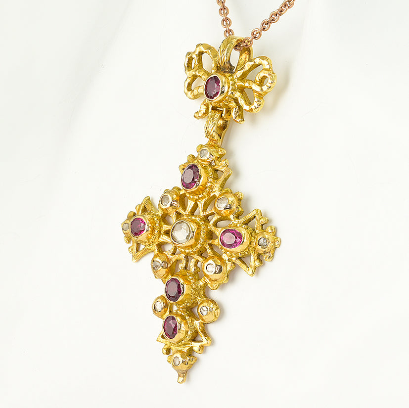 Rare Georgian Antique 1.50ct Ruby and Diamond Set 22ct Gold Cross Pendant, Late 18th century Circa 1770