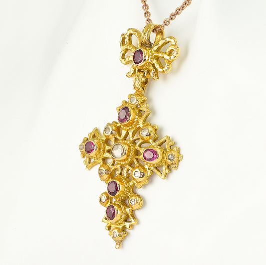 Rare Georgian Antique 1.50ct Ruby and Diamond Set 22ct Gold Cross Pendant, Late 18th century Circa 1770