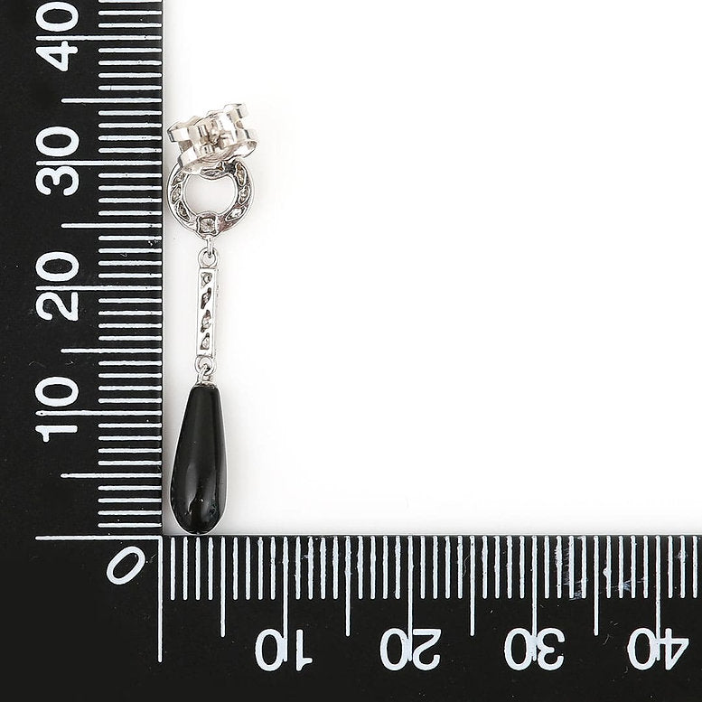 Art Deco Style Teardrop Cabochon Onyx and Diamond Drop Earrings