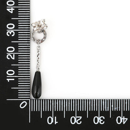 Art Deco Style Teardrop Cabochon Onyx and Diamond Drop Earrings