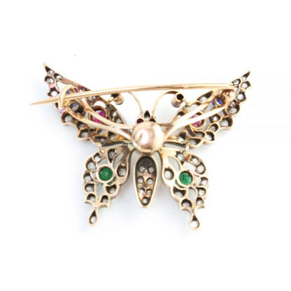 Antique Victorian Multi Gemstone Butterfly Brooch with Natural Pearl