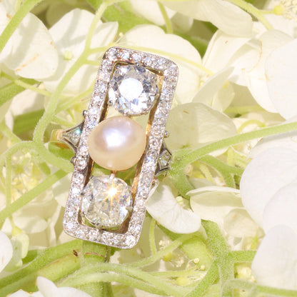 Antique Belle Epoque Pearl and Diamond Three Stone Cluster Plaque Ring
