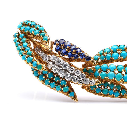 Vintage Kutchinsky Diamond Sapphire and Turquoise Leaf Brooch