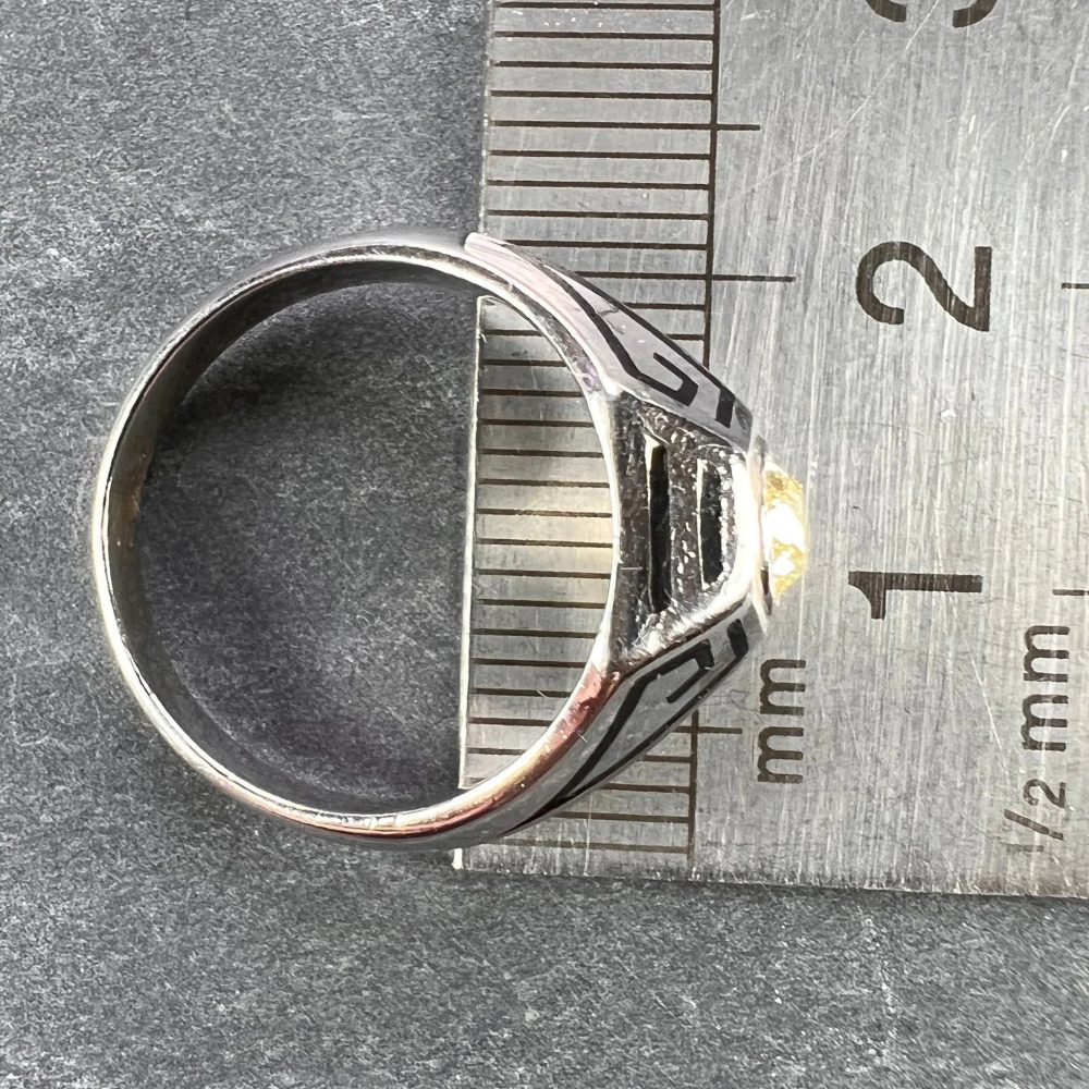Art Deco 0.45ct Old European Cut Tinted Yellow Diamond Black Enamel and 14ct White Gold Ring