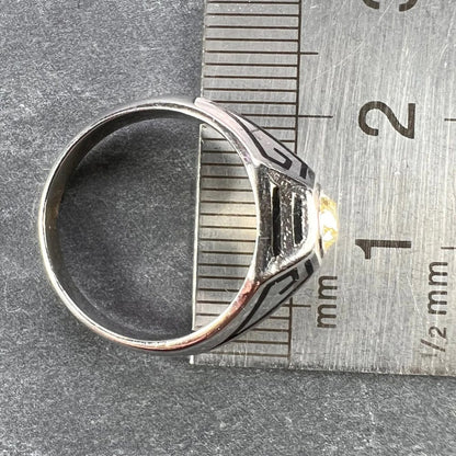 Art Deco 0.45ct Old European Cut Tinted Yellow Diamond Black Enamel and 14ct White Gold Ring