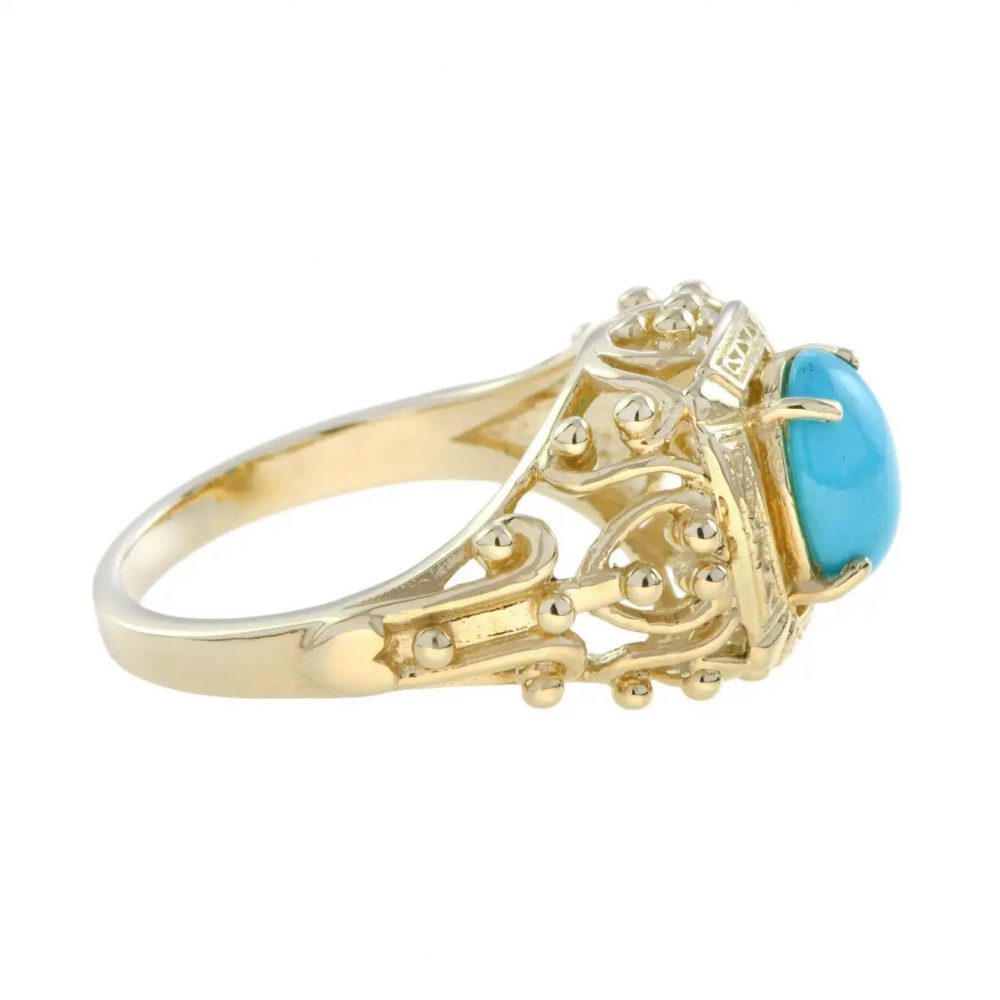 Turquoise Set Yellow Gold Filigree Ring