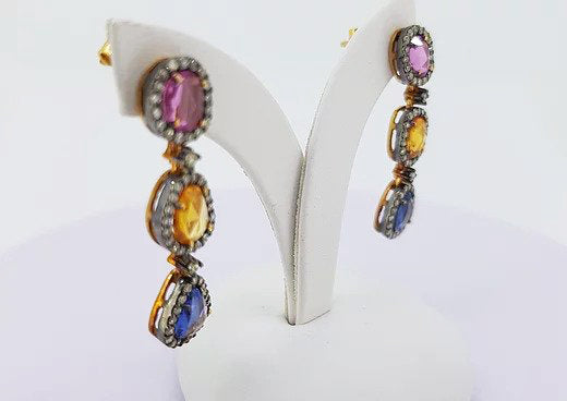 2.69cts Multi Coloured Sapphire and Diamond Cluster Drop Earrings