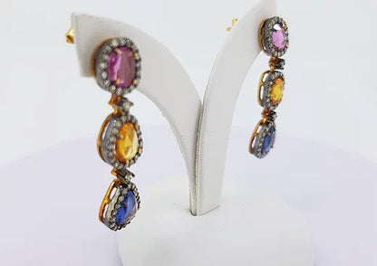 2.69cts Multi Coloured Sapphire and Diamond Cluster Drop Earrings