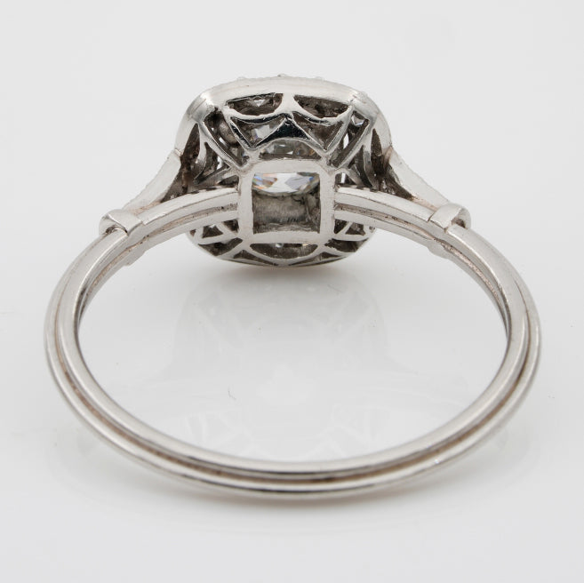 0.60ct Cushion Shaped Old Mine Cut Diamond Cluster Engagement Ring in Platinum