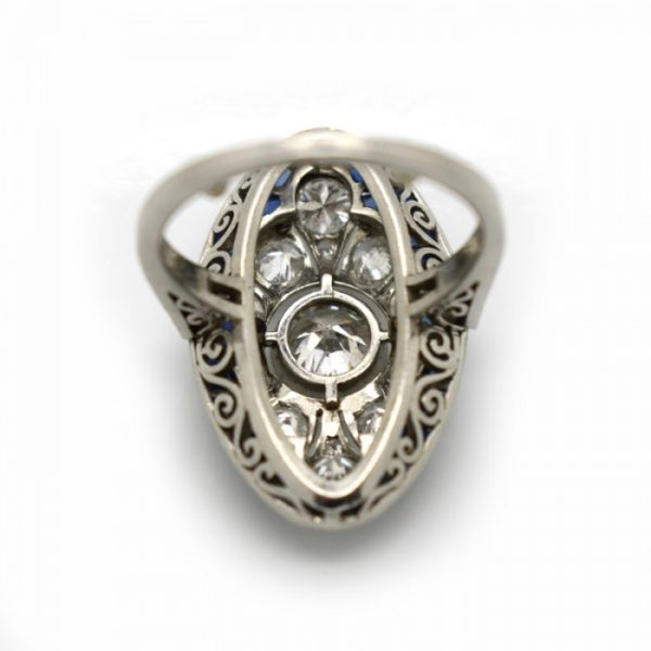 Art Deco Sapphire and Old Cut Diamond Cluster Plaque Ring