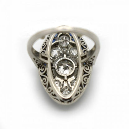 Art Deco Sapphire and Old Cut Diamond Cluster Plaque Ring