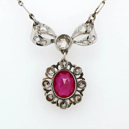 Belle Epoque Burma Ruby and Diamond Bow Pendant Necklace