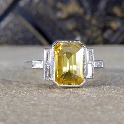 Art Deco Inspired 2.05ct Yellow Sapphire and Baguette Diamond Engagement Ring in Platinum