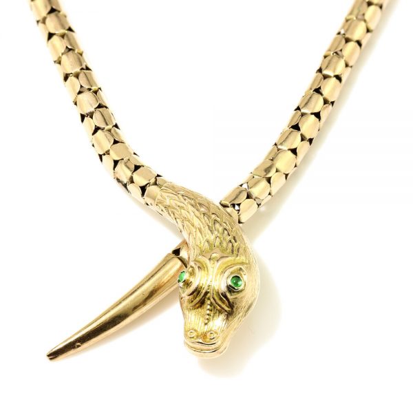 Antique Victorian Gold Snake Necklace with Tourmaline Eyes, Circa 1860s