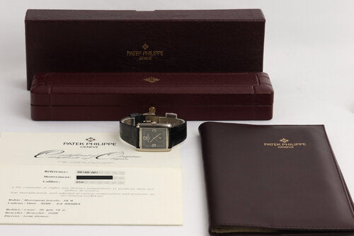 Patek Philippe 5014G Gondolo 18ct White Gold 28mm Manual, black dial, Arabic numerals, small seconds, sapphire crystal, calibre 215, Patek Philippe black leather strap with 18ct white gold pin buckle, with original papers