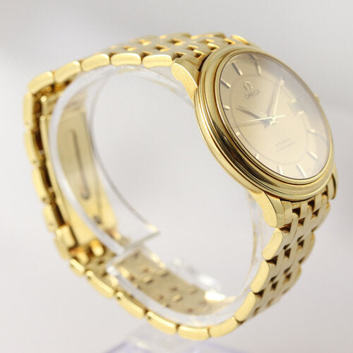 Omega 18ct Yellow Gold 35mm Automatic Chronometer, gold colour dial, date indicator, sapphire crystal, gold bracelet strap with matching fold-over clasp, with Omega box.