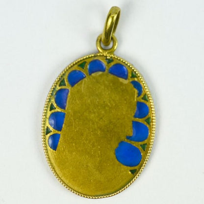 French 18ct Gold and Plique a Jour Blue Enamel Virgin Mary Pendant Signed Dropsy