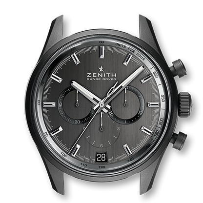 Zenith Range Rover Special Edition Automatic Chronograph Watch, model 24 2040 400 27 R797, 42mm ceramic aluminium case with grey dial, El Primero column-wheel chronograph with date indication at 6 o'clock, Special oscillating weight with Zenith and Range Rover logo, on a black rubber strap with ivory tone perforated calfskin. Brand New with box, papers and two year manufacturer warranty