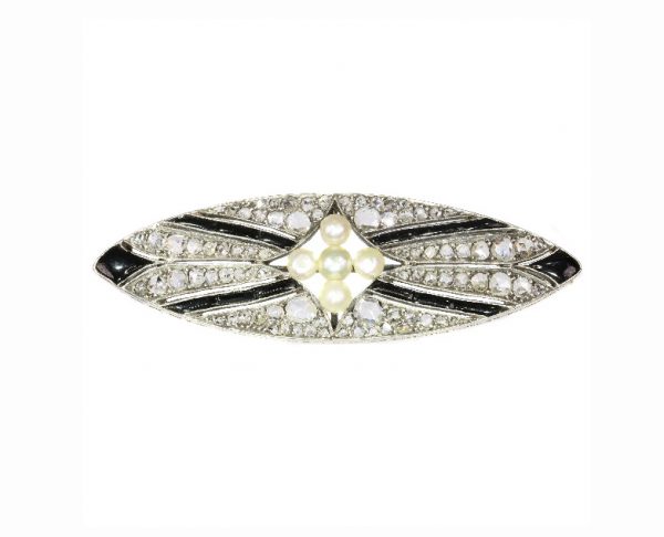 Vintage Art Deco Pearl Onyx and Diamond Brooch, Silver and Gold