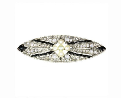 Vintage Art Deco Pearl Onyx and Diamond Brooch, Silver and Gold
