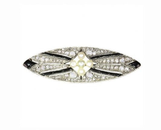 Vintage Art Deco Pearl Onyx and Diamond Brooch, Silver and Gold