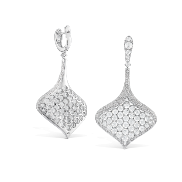 Rose Cut Diamond Leaf Petal Drop Earrings, 7.84 carats