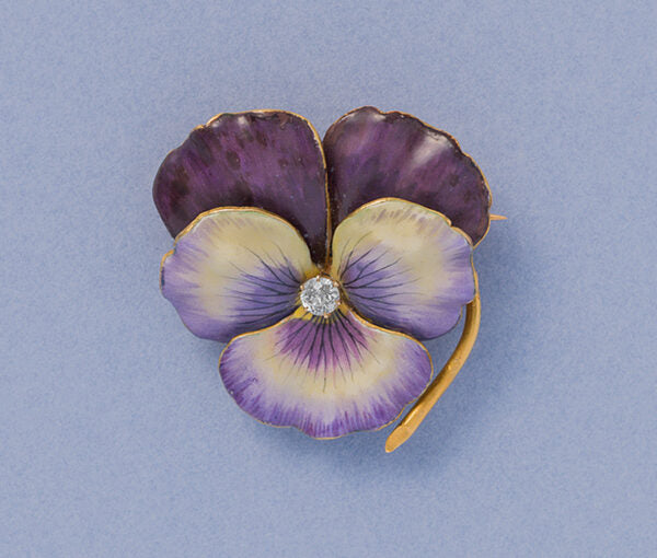 Art Nouveau Lilac and Purple Enamel Pansy Flower Brooch with Diamond