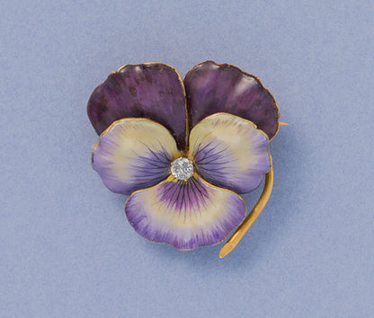 Art Nouveau Lilac and Purple Enamel Pansy Flower Brooch with Diamond