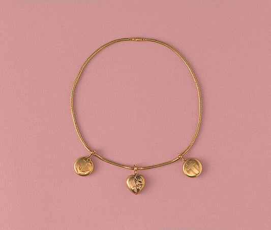 Antique Victorian Faith Hope and Love Gold Necklace; snake chain with three removable lockets featuring the cross, anchor and heart symbols, removable glass at the back to keep a photo or hair of a loved one. England, 19th century