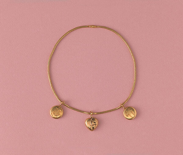 Antique Victorian Faith Hope and Love Gold Necklace; snake chain with three removable lockets featuring the cross, anchor and heart symbols, removable glass at the back to keep a photo or hair of a loved one. England, 19th century