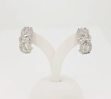 Creole Diamond Earrings, set with swirls of baguette and brilliant-cut diamonds, 2.00 carat total, in 18ct white gold, clip and post fittings