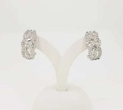 Creole Diamond Earrings, set with swirls of baguette and brilliant-cut diamonds, 2.00 carat total, in 18ct white gold, clip and post fittings