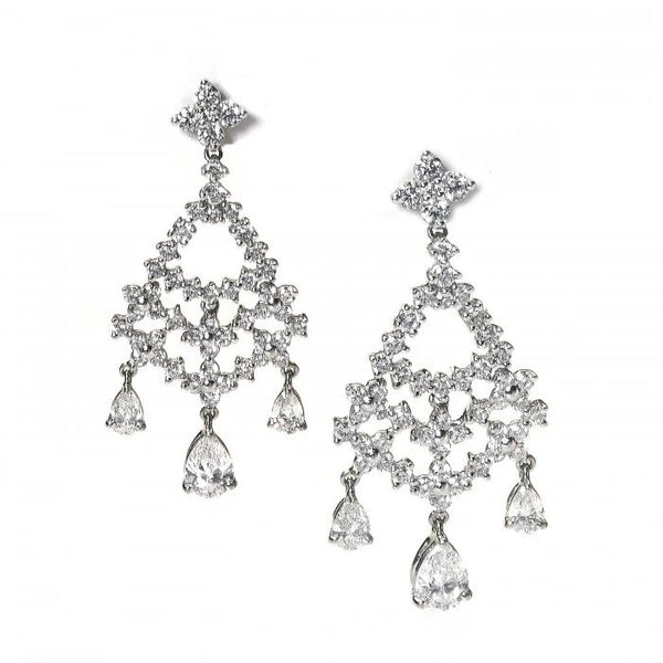 Contemporary Diamond Chandelier Earrings in Platinum, 5.32 carat total; pear-shape diamond pendant drops suspended by an open brilliant-cut diamond-set frame