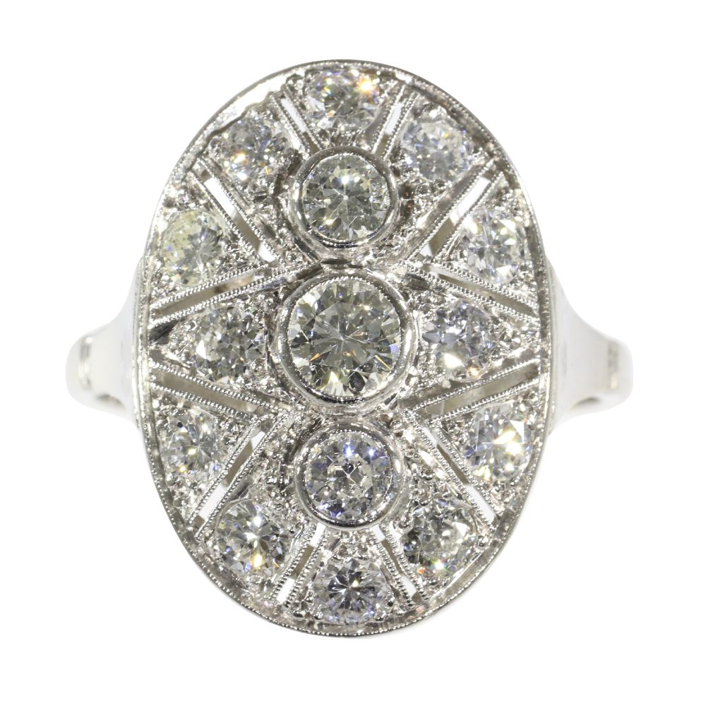 Art Deco 1950 Vintage oval diamond dress ring large shape panel open work three diamonds centre platinum