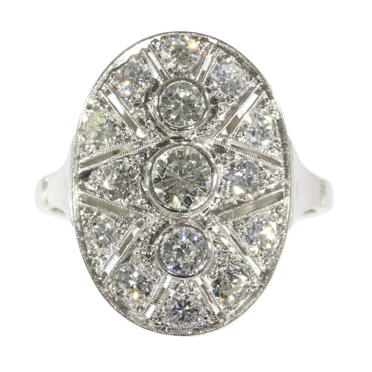 Art Deco 1950 Vintage oval diamond dress ring large shape panel open work three diamonds centre platinum