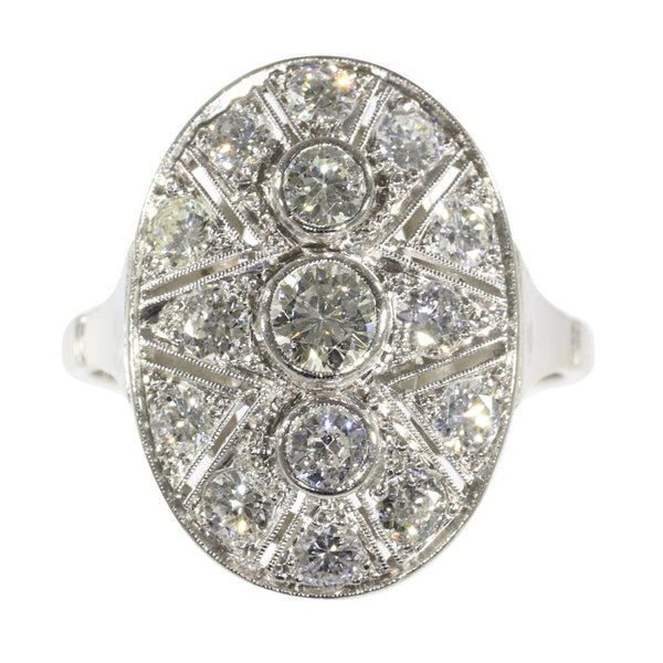 Art Deco 1950 Vintage oval diamond dress ring large shape panel open work three diamonds centre platinum