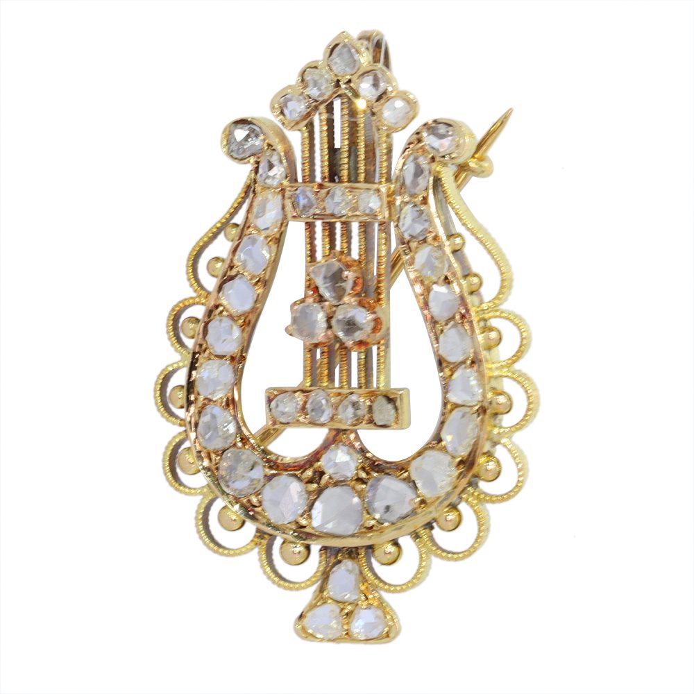 Antique Rose Cut Diamond Set Gold Lyre Brooch Pendant