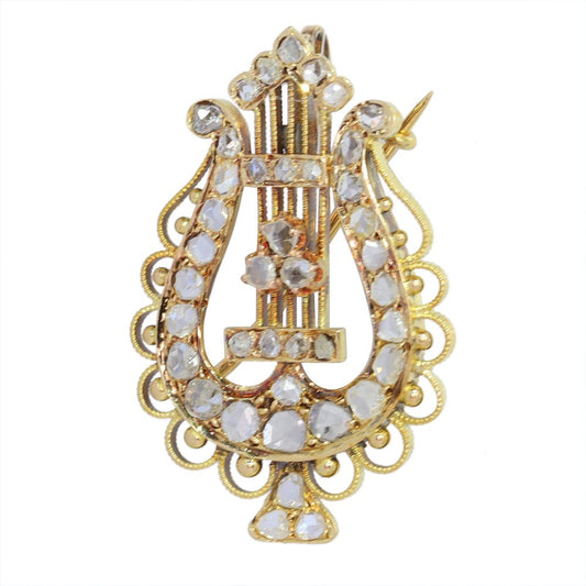 Antique Rose Cut Diamond Set Gold Lyre Brooch Pendant