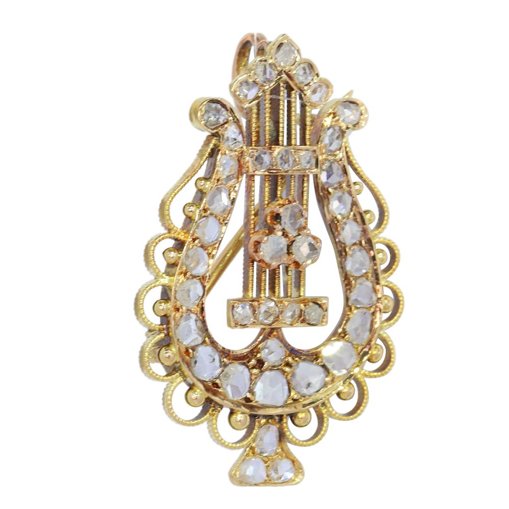 Antique Rose Cut Diamond Set Gold Lyre Brooch Pendant