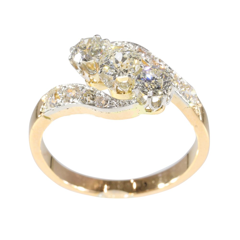 Antique Old Mine Cut Diamond Engagement Ring In 14 Carat Yellow Gold And Platinum