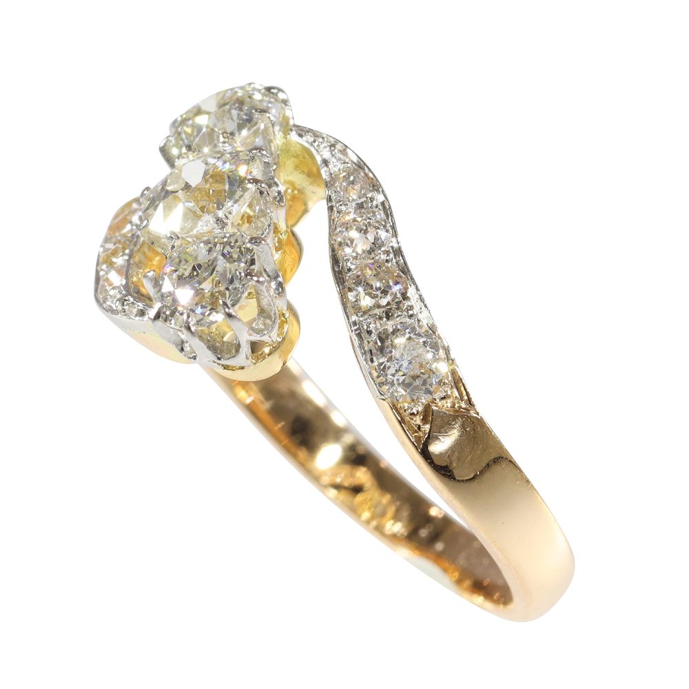 Antique Old Mine Cut Diamond Engagement Ring In 14 Carat Yellow Gold And Platinum