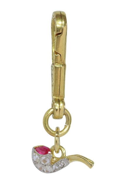 Art Deco Smoking Pipe Pendant With Diamonds And Ruby In Gold And Platinum