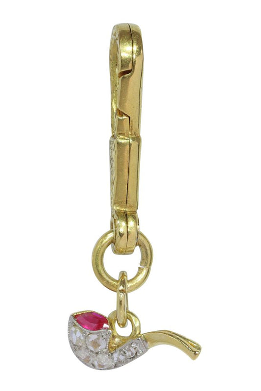 Art Deco Smoking Pipe Pendant With Diamonds And Ruby In Gold And Platinum