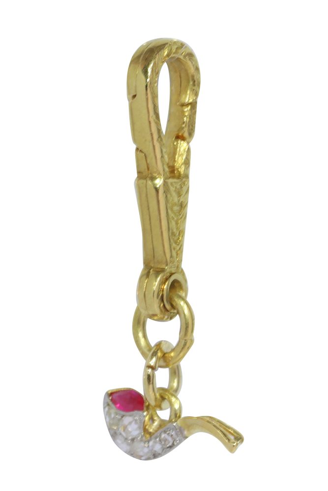 Art Deco Smoking Pipe Pendant With Diamonds And Ruby In Gold And Platinum