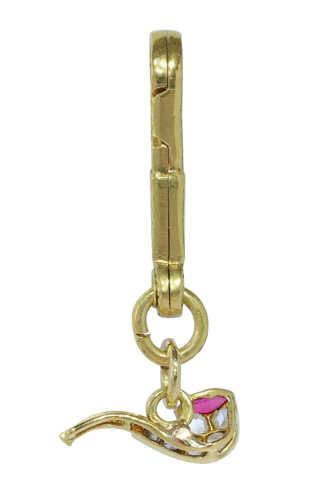 Art Deco Smoking Pipe Pendant With Diamonds And Ruby In Gold And Platinum
